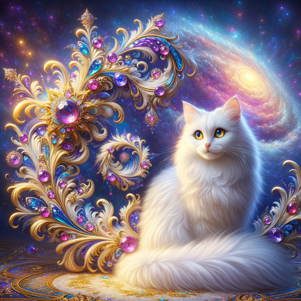 Majestic White Cat Against Cosmic Galaxy Backdrop