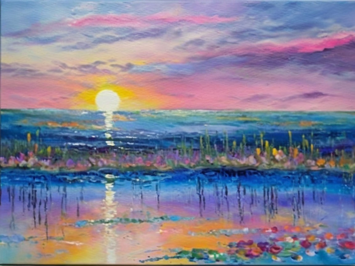 Vibrant Sunset Over Ocean with Colorful Foreground Elements