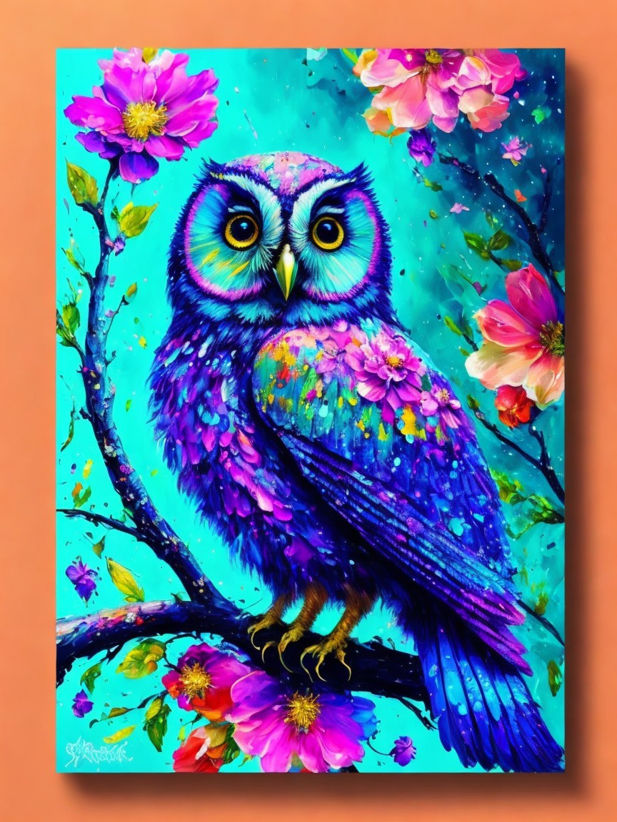 Colorful Owl on Branch with Pink Flowers and Turquoise Background