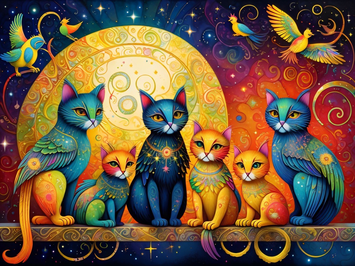 Whimsical Scene of Colorful Cats Under a Moonlit Sky