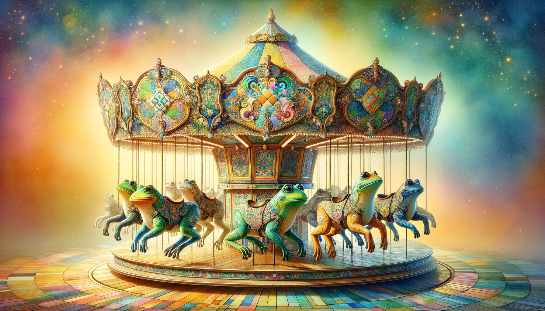 Whimsical Carousel with Colorful Frog Designs