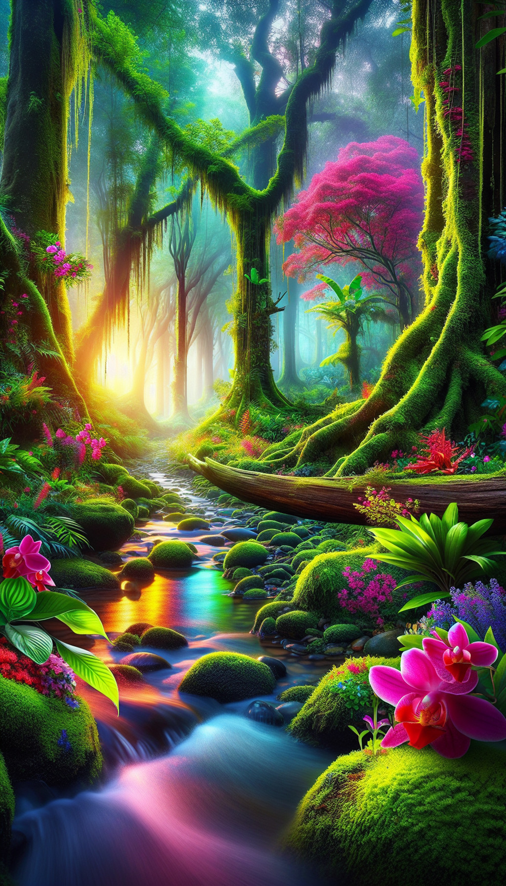 Enchanted Forest with Lush Trees and Serene Stream