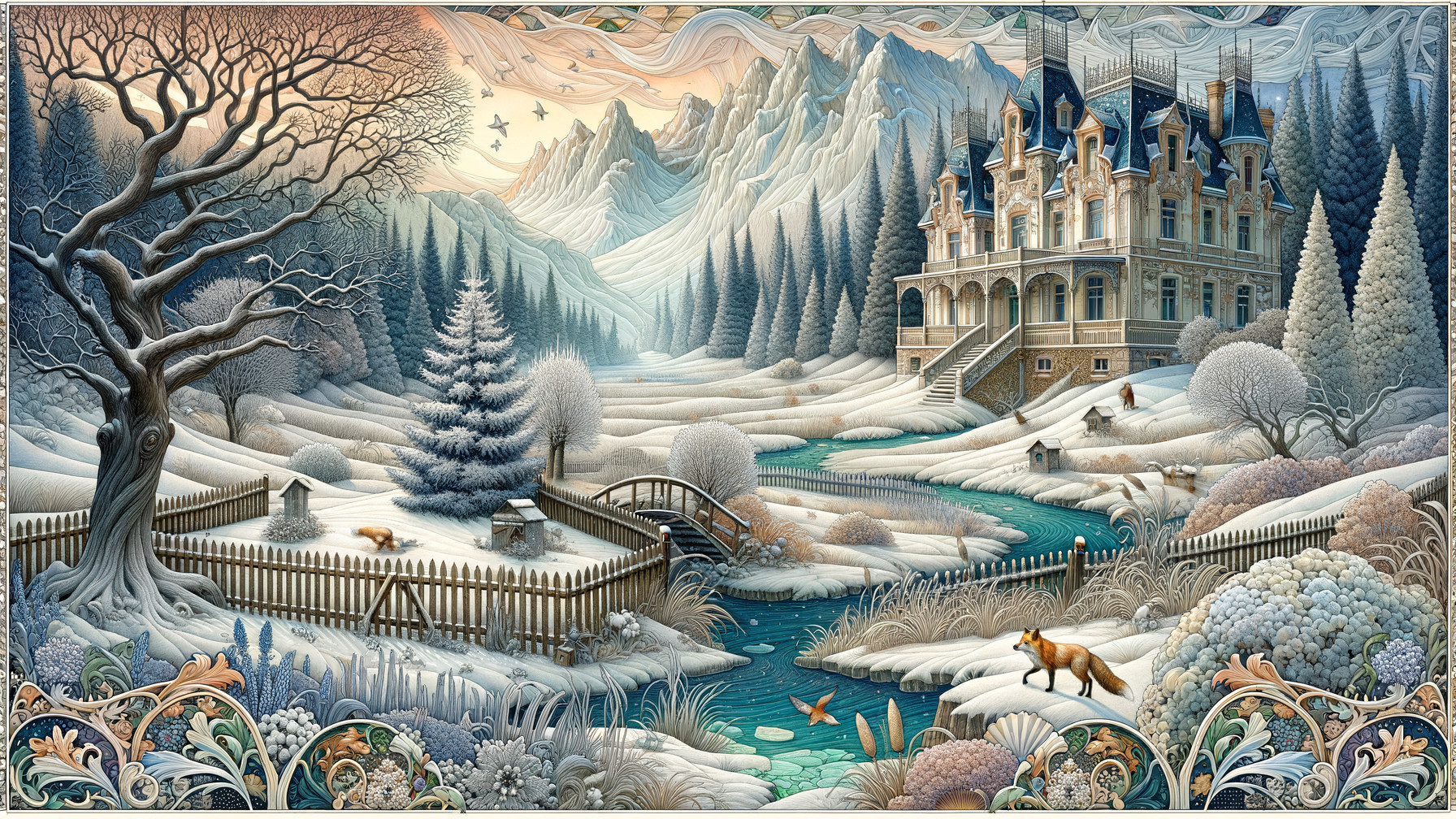 Winter Landscape with Mansion and Tranquil River