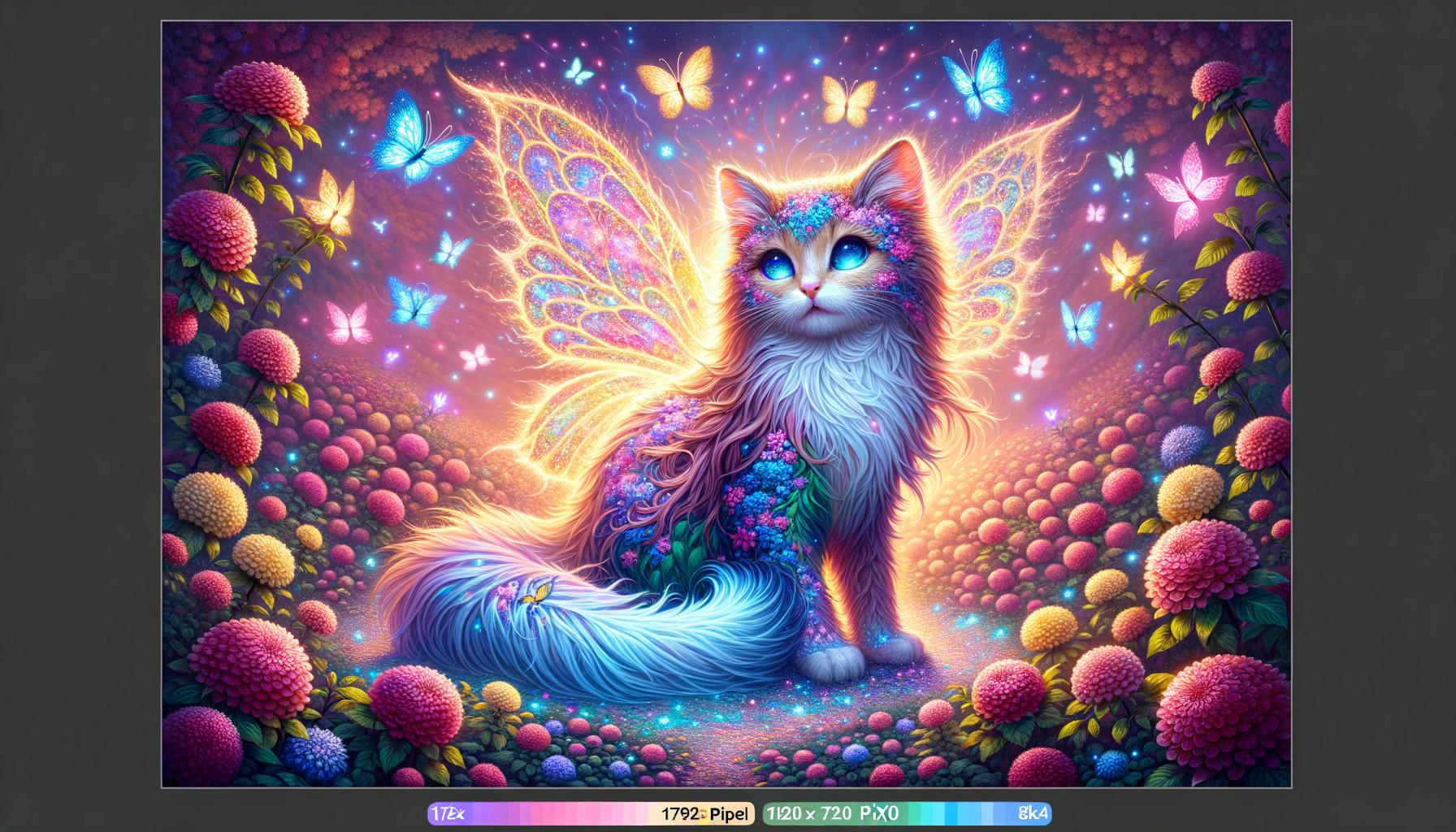 Colorful Cat with Wings in Whimsical Landscape