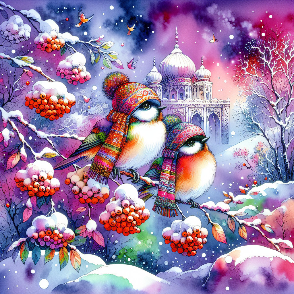 Colorful Birds in Winter Wonderland with Palace Backdrop