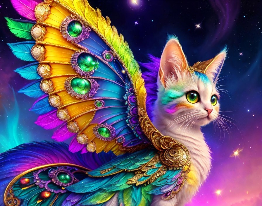 Majestic White Cat with Colorful Butterfly Wings