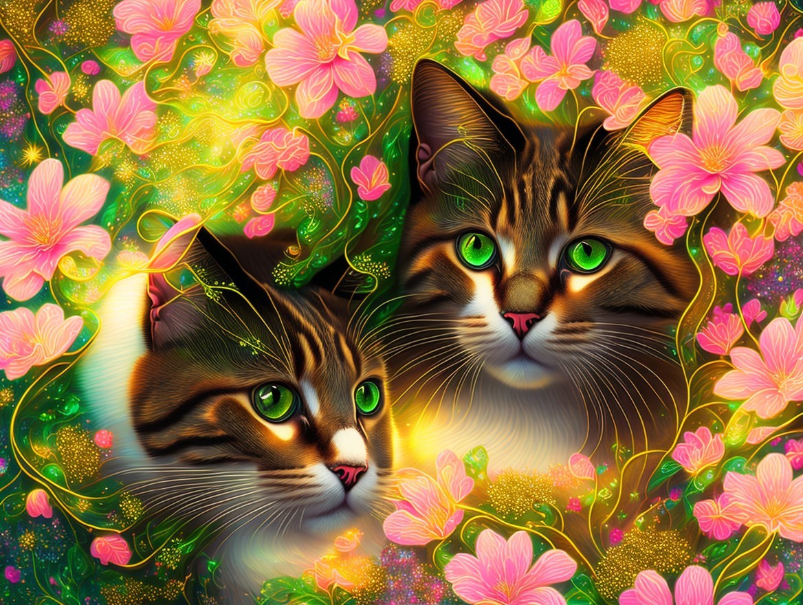 Majestic Cats with Green Eyes Among Pink Flowers