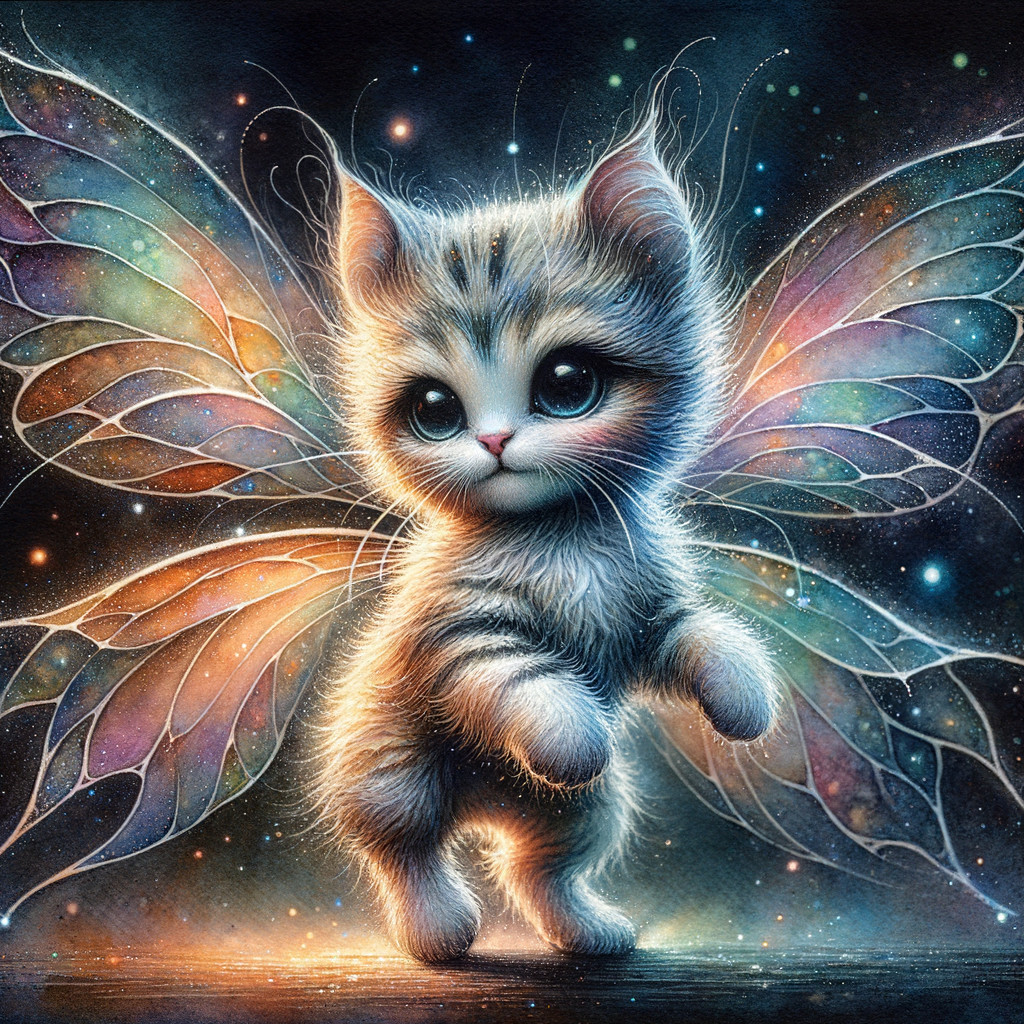 Fluffy Kitten with Butterfly Wings in Cosmic Scene