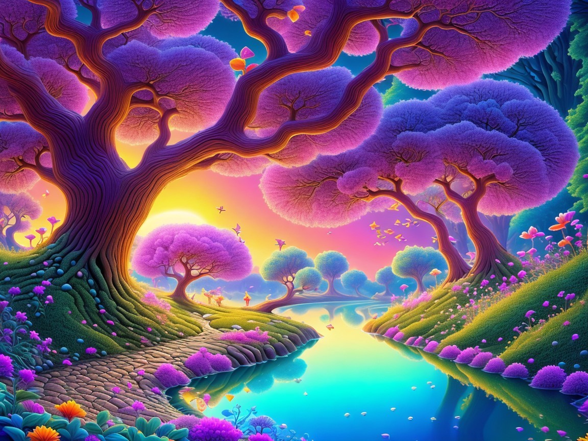 Vibrant landscape with whimsical trees and serene river