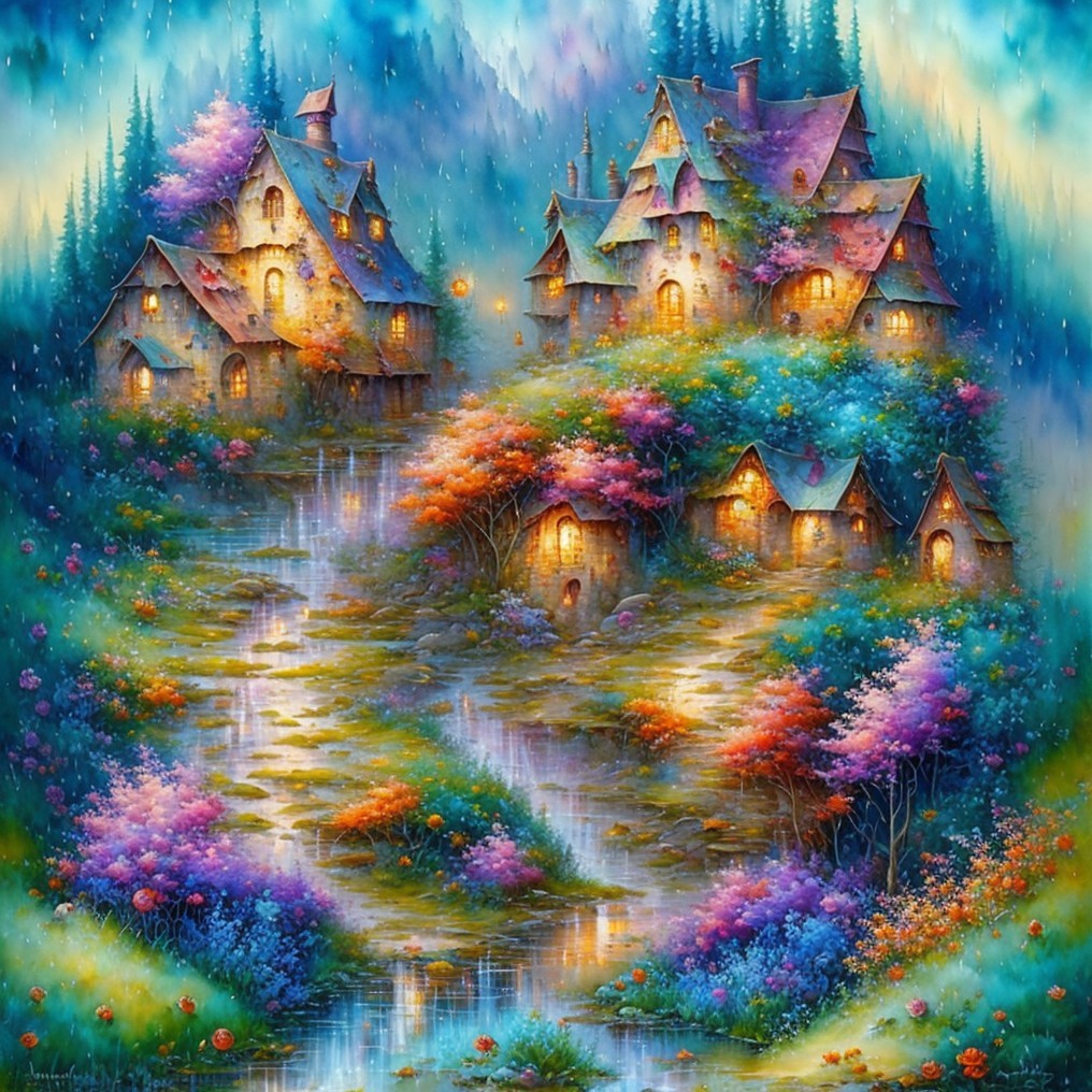 Vibrant Fantasy Landscape with Whimsical Cottages