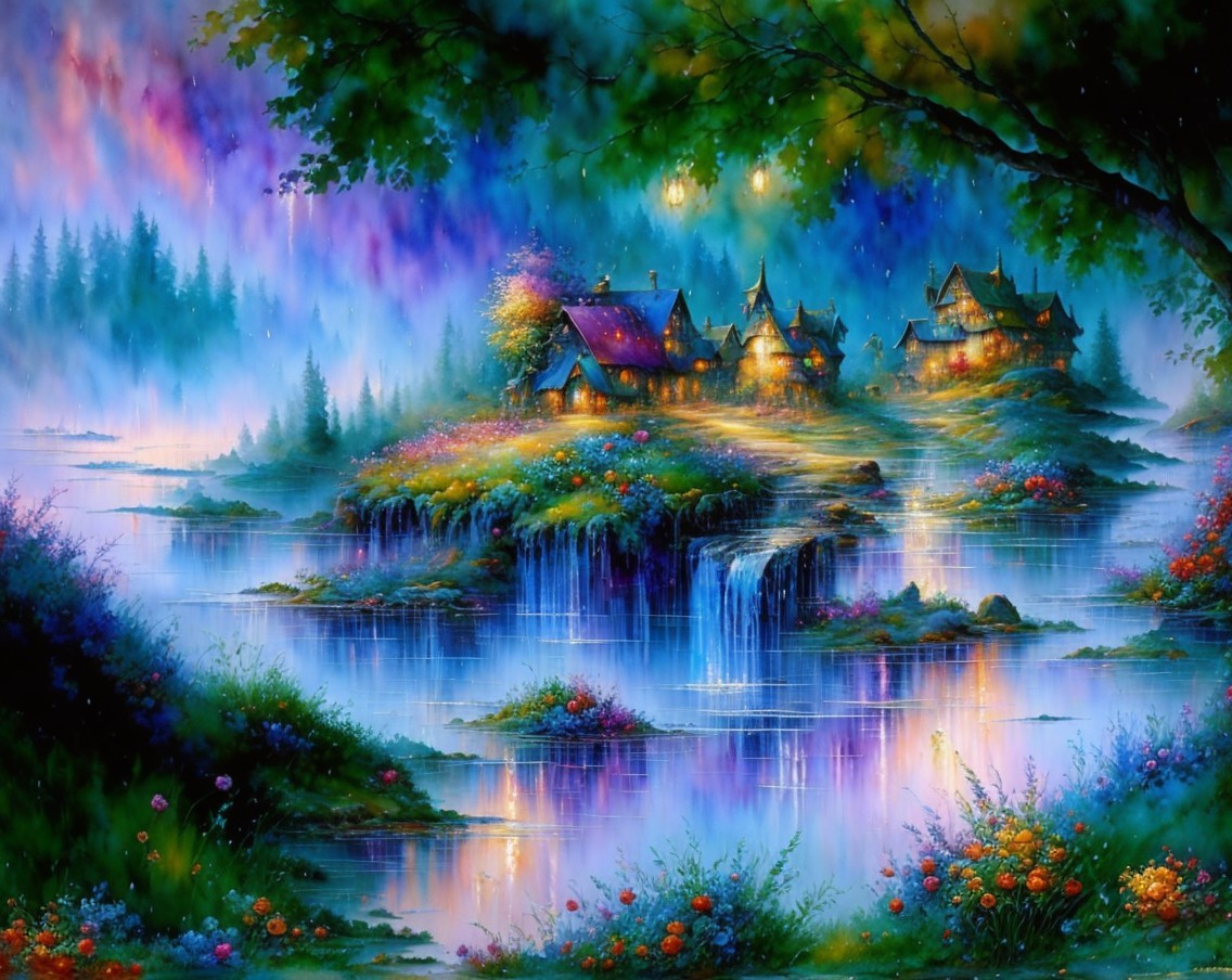 Enchanting Landscape with Cottages and Waterfalls