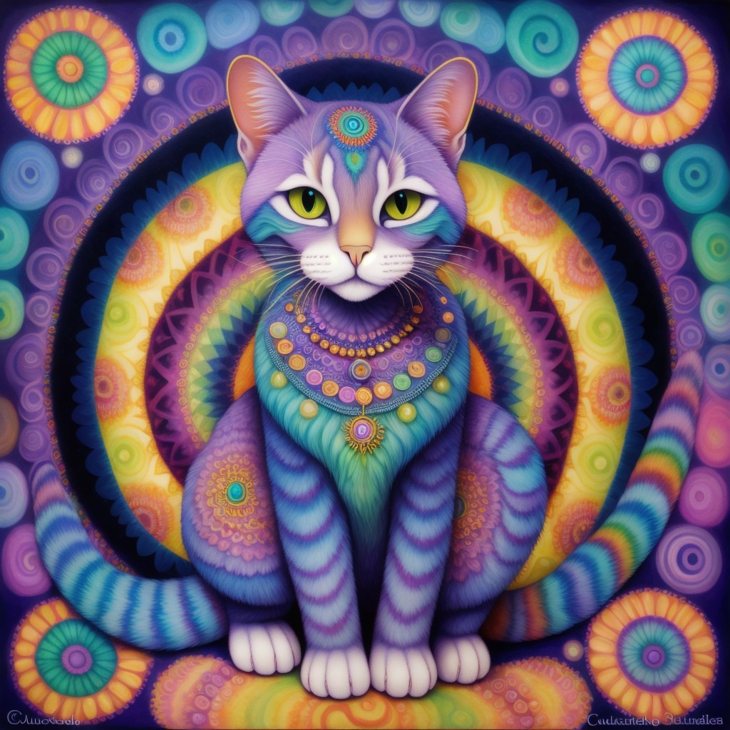 Psychedelic Cat in Colorful Mandala Background