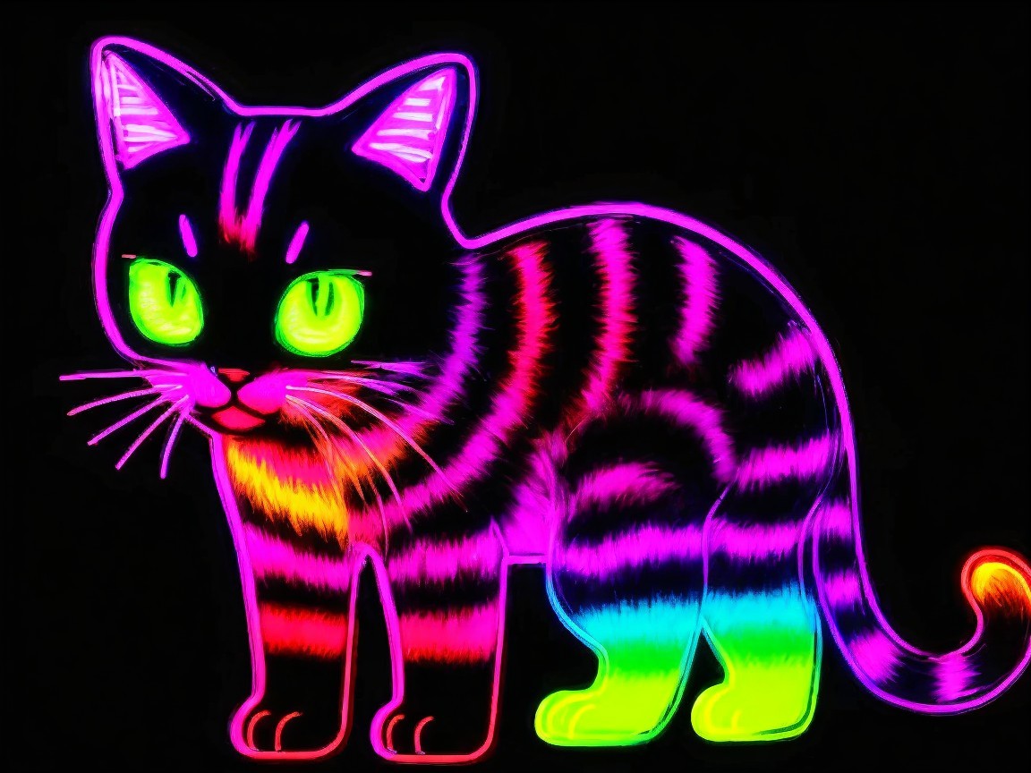 Vibrant Neon Cat with Stripes on Black Background