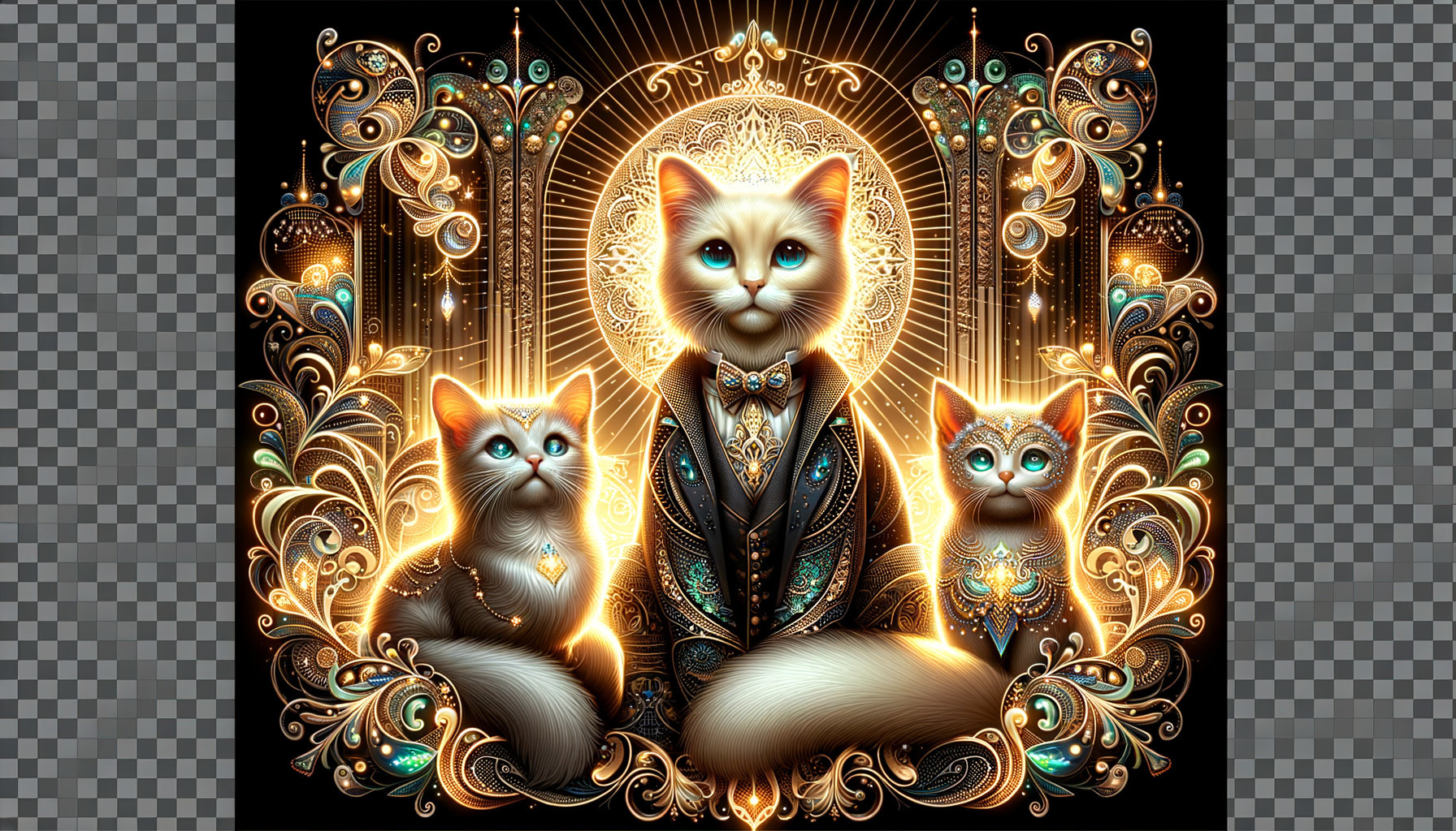 Intricate Cats in Elegant Jewelry Against Opulent Background