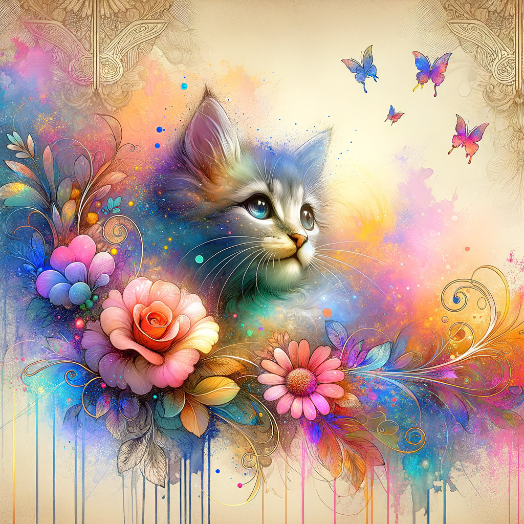 Whimsical Cat Illustration with Flowers and Butterflies