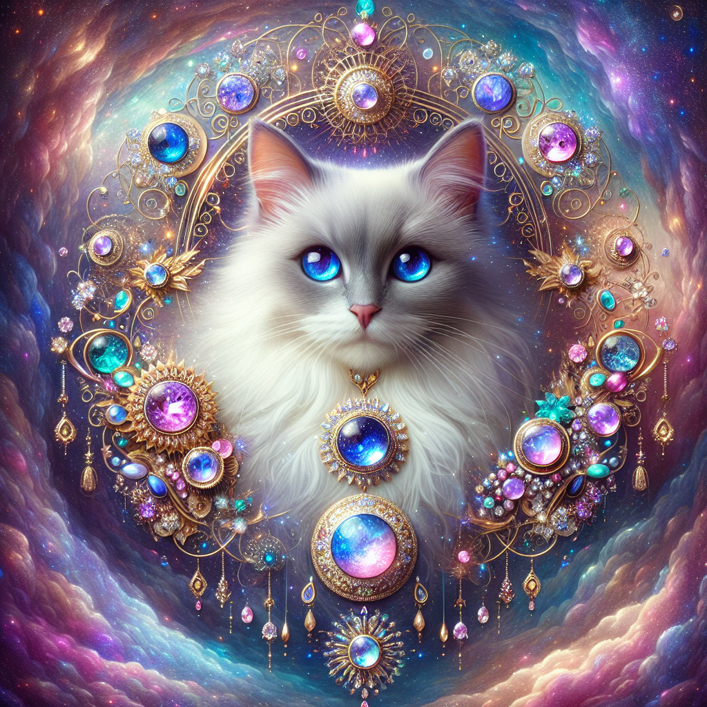 Majestic White Cat in Cosmic Galaxy Setting