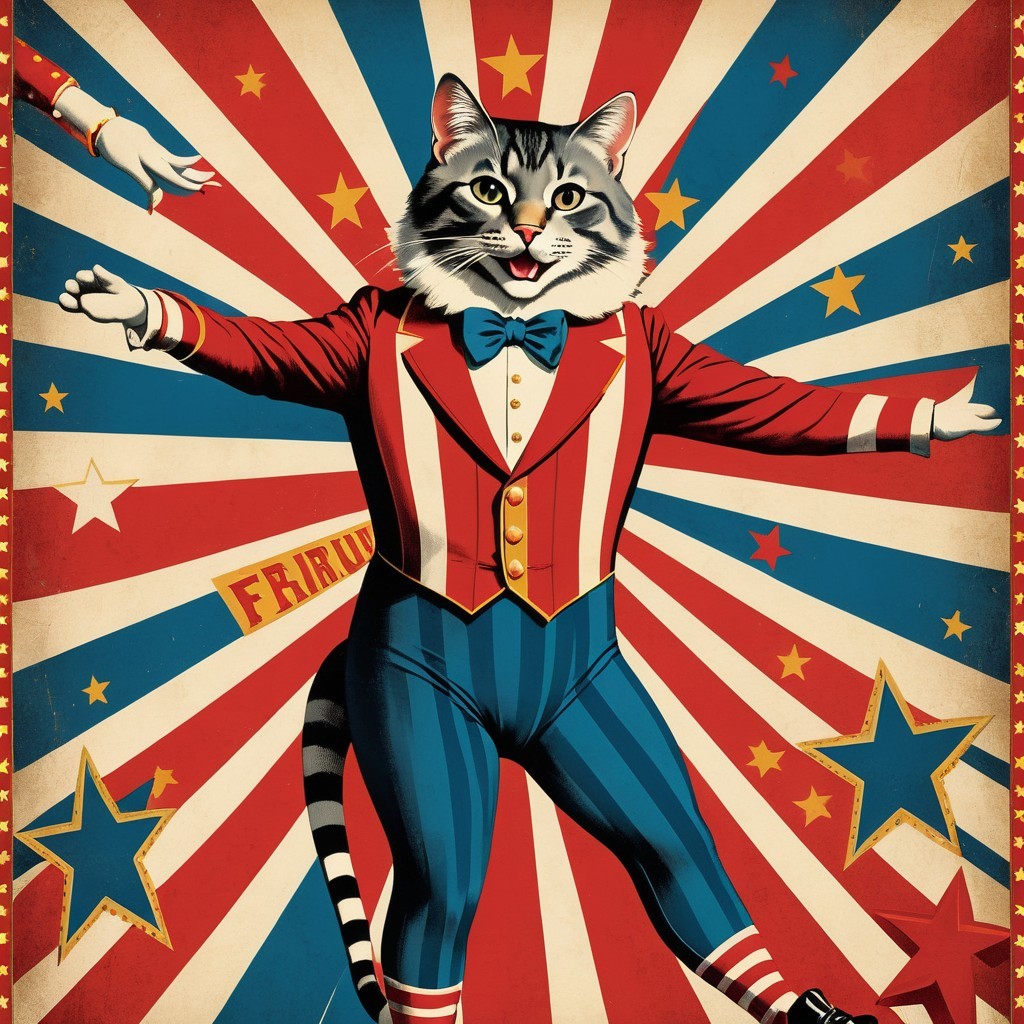 Whimsical Cat Illustration in Circus Performer Attire