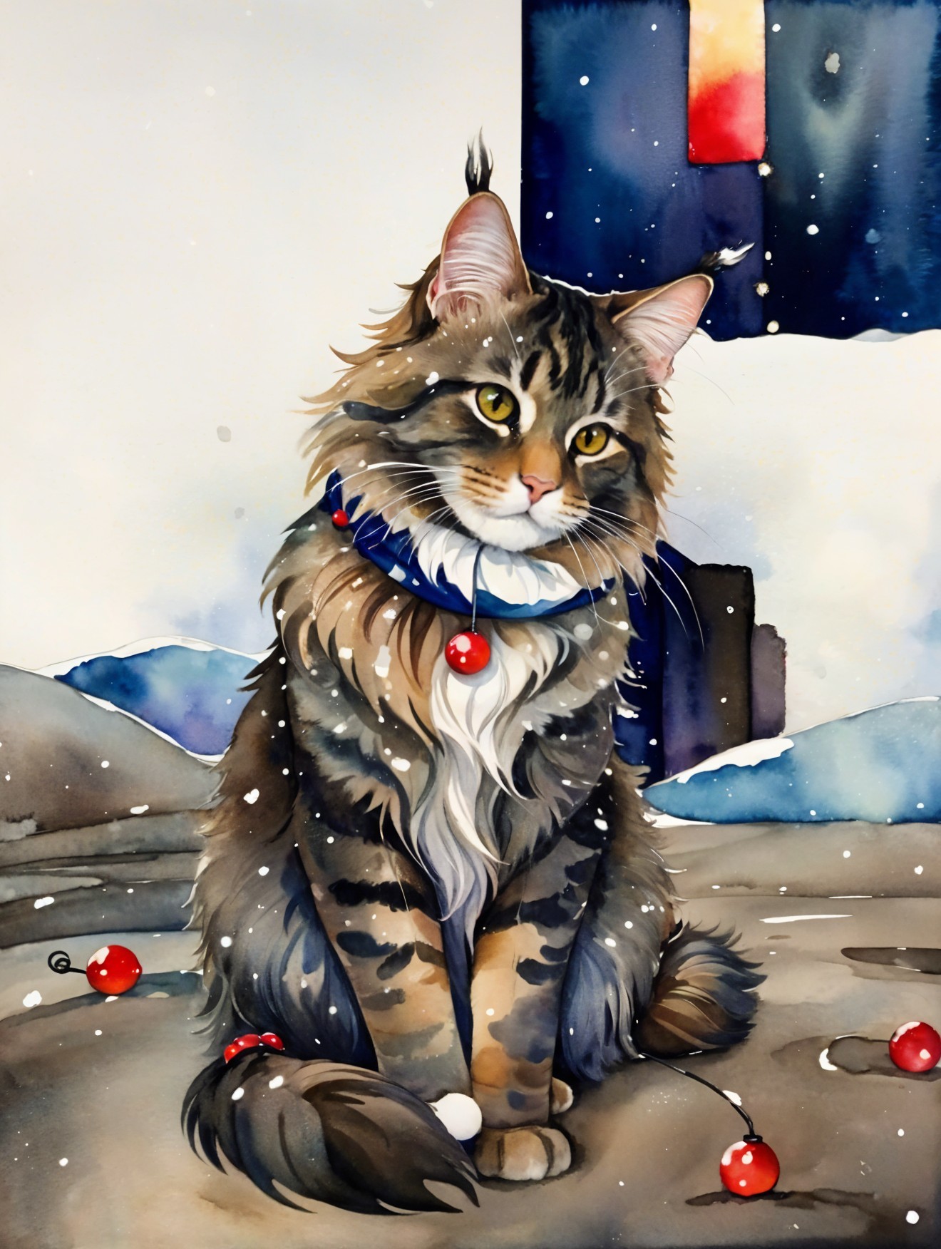 Maine Coon Cat in Snow with Festive Ornaments
