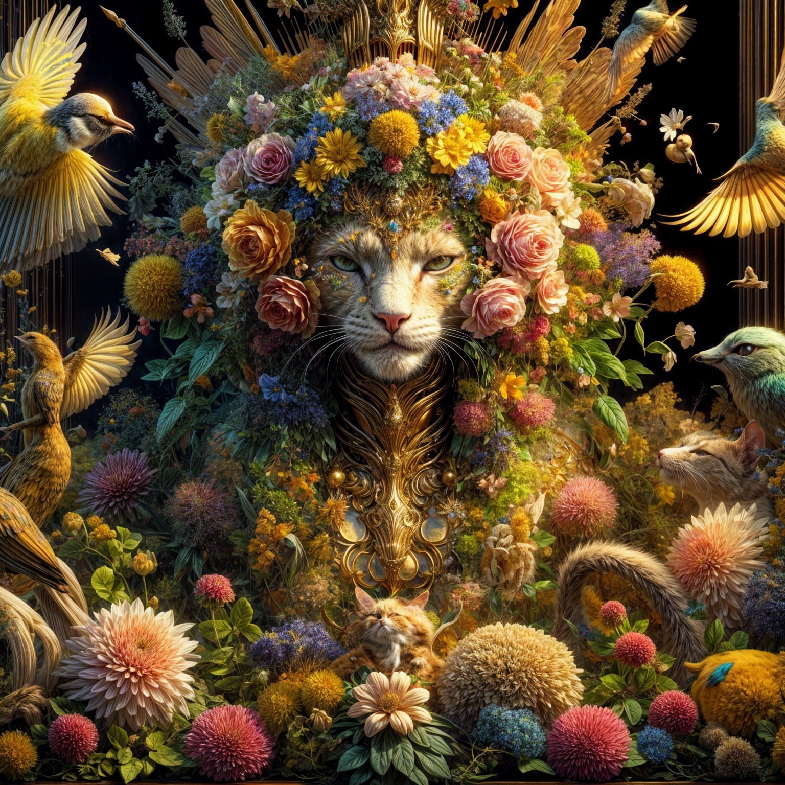 Lion's Head Surrounded by Colorful Floral Arrangement