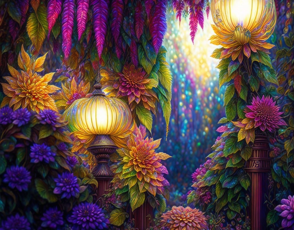 Vibrant Garden Scene with Colorful Flowers and Lanterns