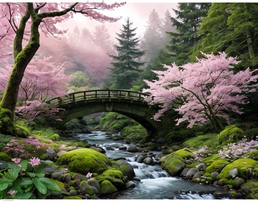 Tranquil Stream and Cherry Blossoms in Lush Landscape
