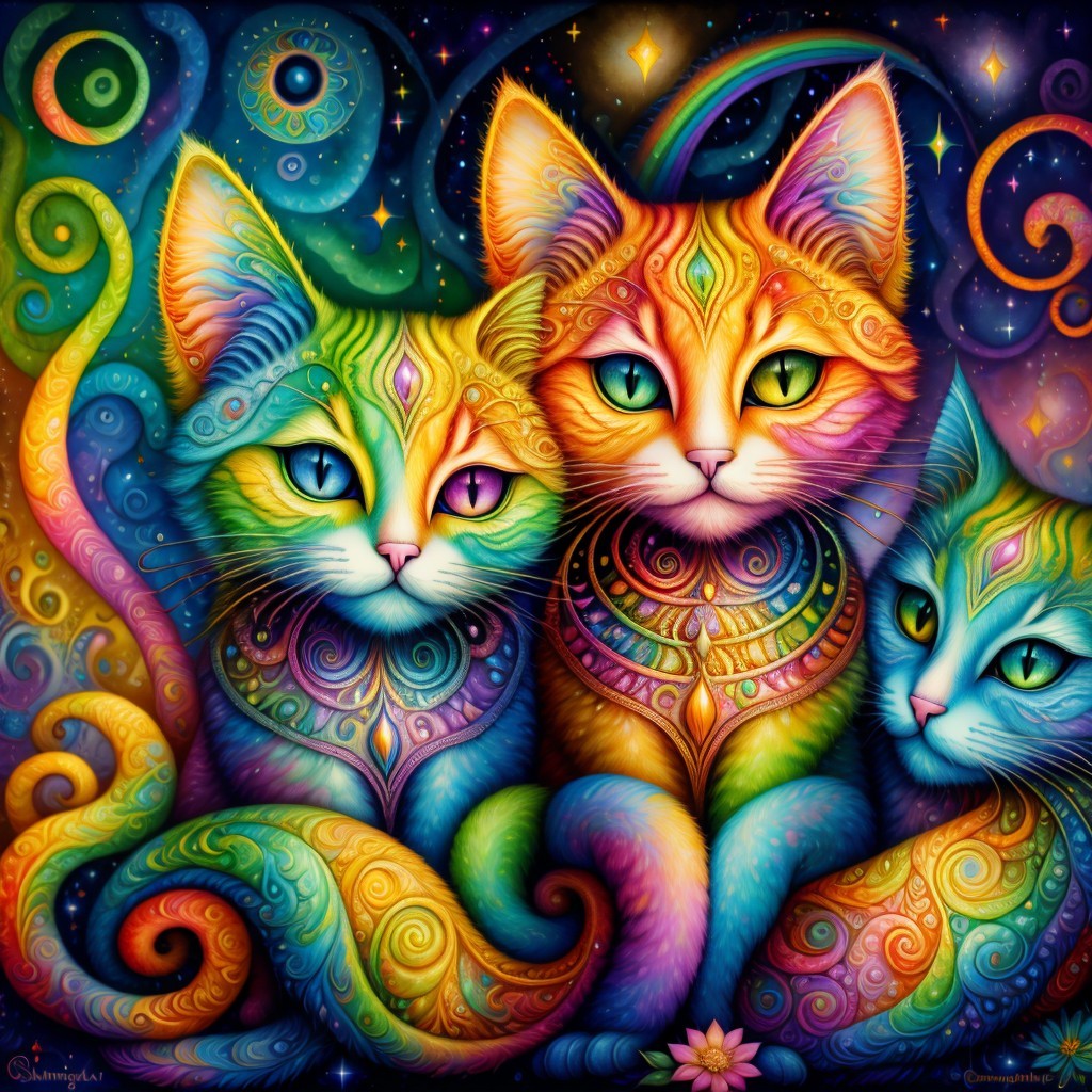 Psychedelic Illustration of Three Colorful Cats