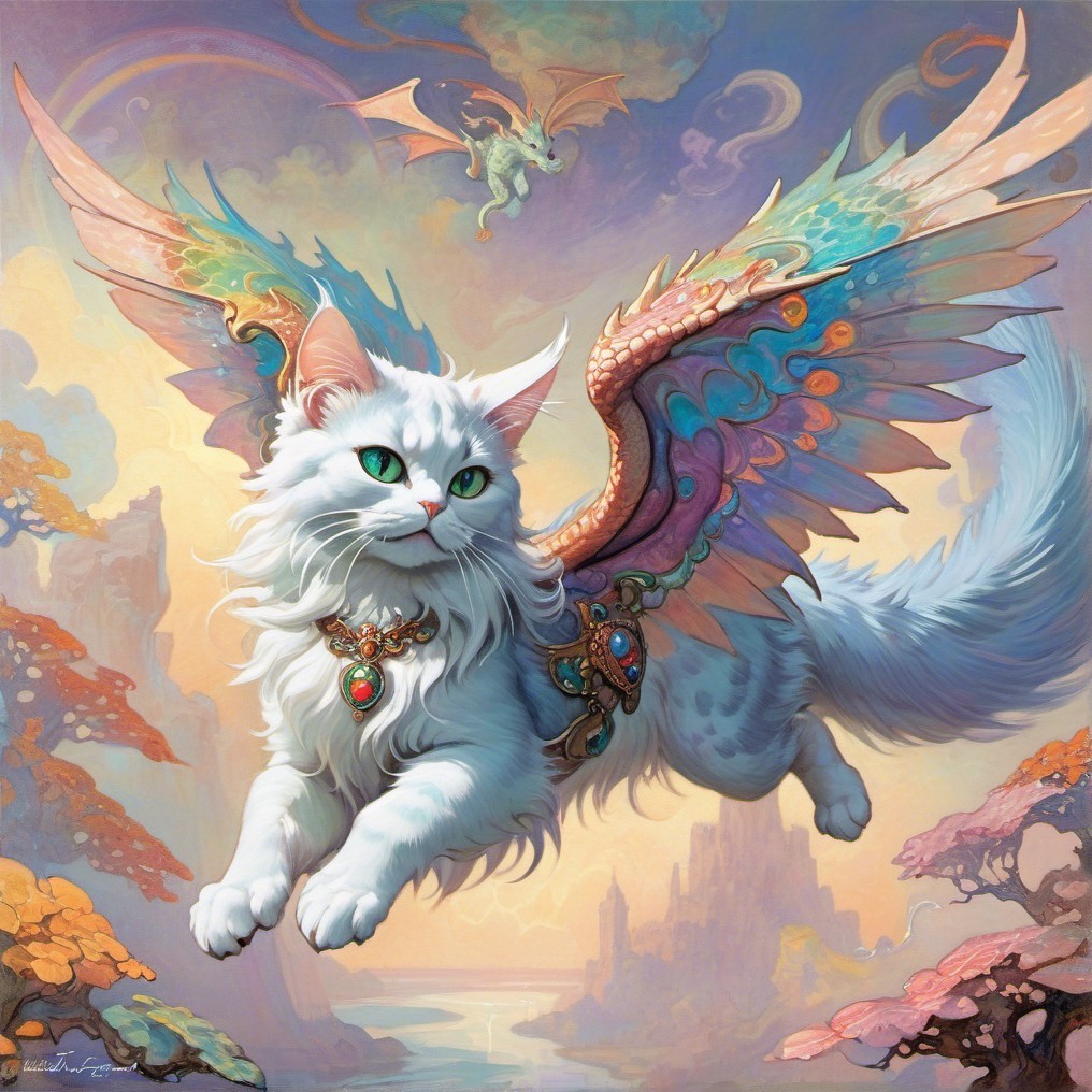 Majestic winged white cat in a fantastical landscape