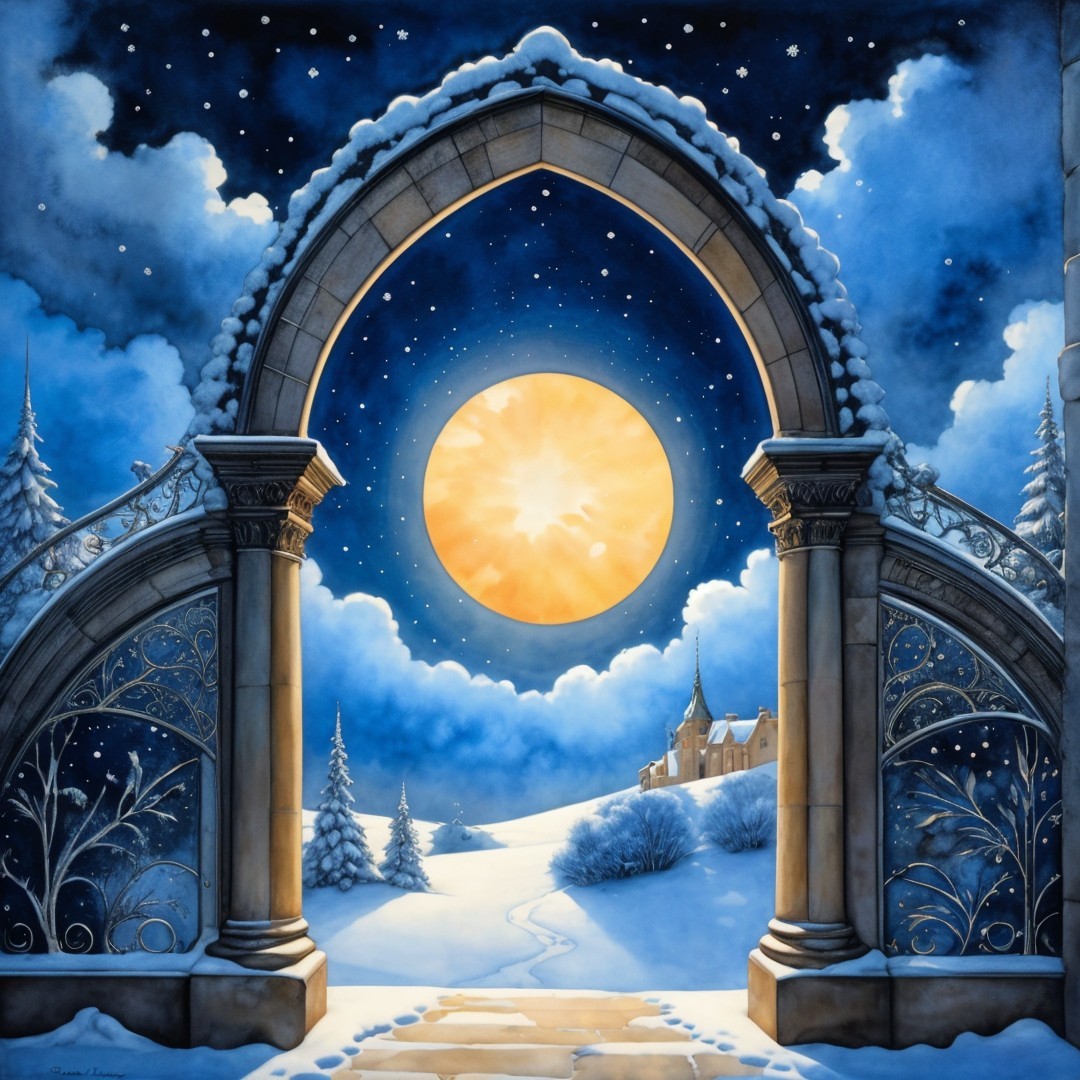Intricate Archway Opens to Serene Winter Landscape