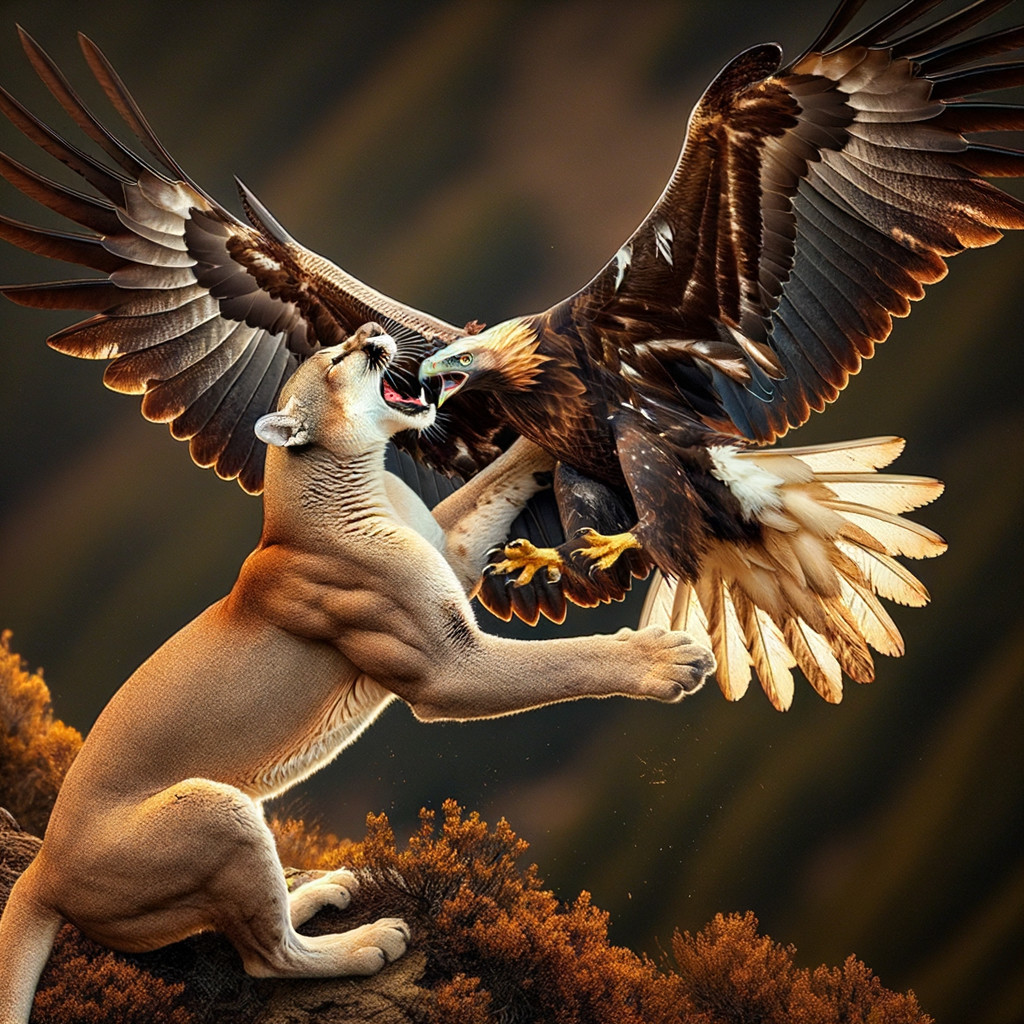 Lioness and Golden Eagle Encounter in Rugged Terrain