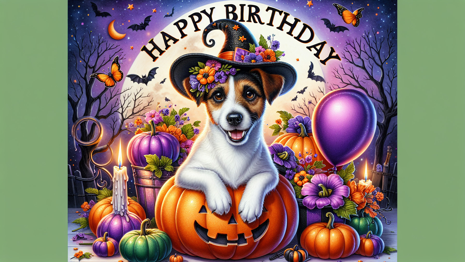 Cheerful Dog in Witch Hat Surrounded by Autumn Decor