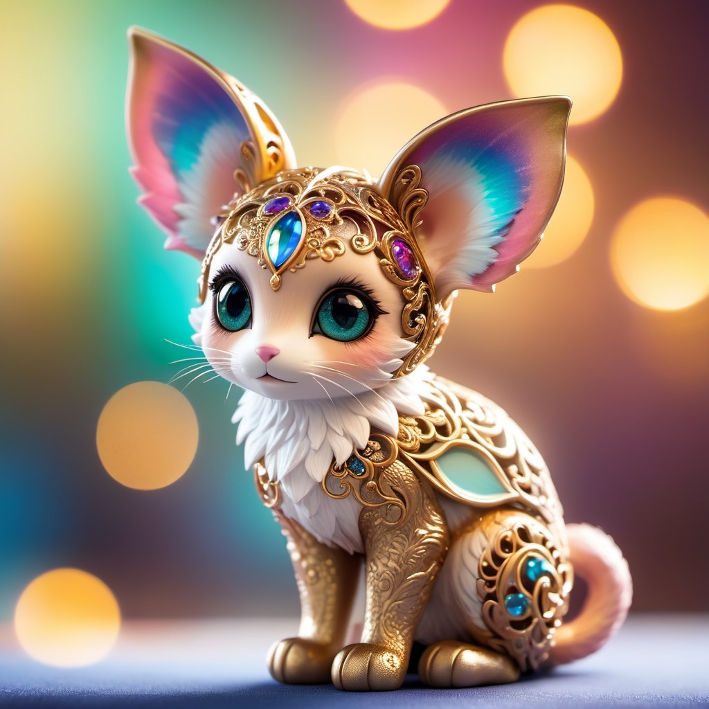 Whimsical Cat Sculpture with Colorful Gem Ears