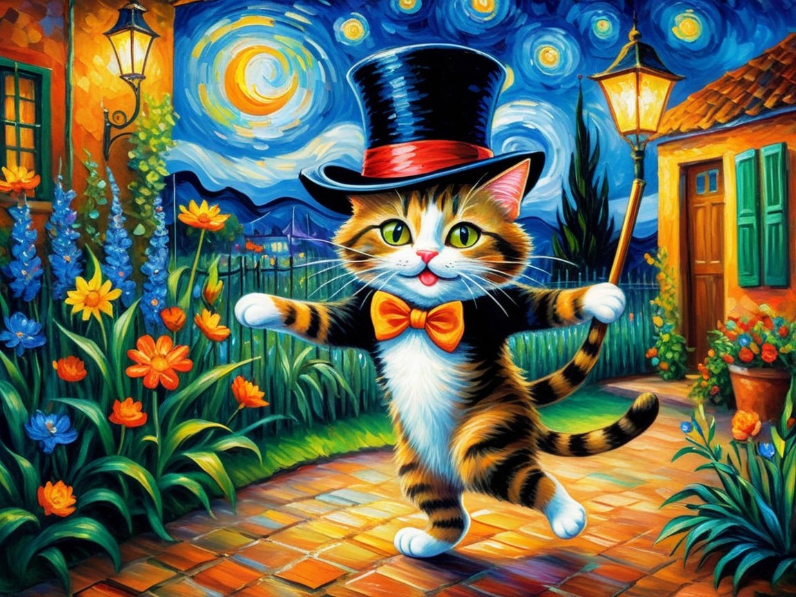 Whimsical Cat in Hat Dances Amidst Colorful Scene
