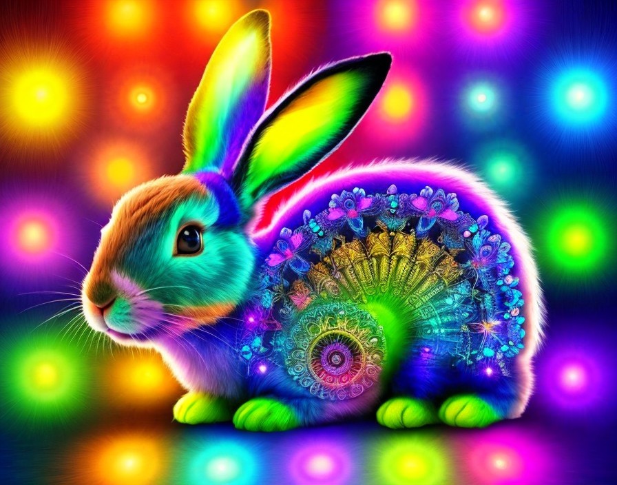 Colorful Rabbit with Psychedelic Patterns and Lights