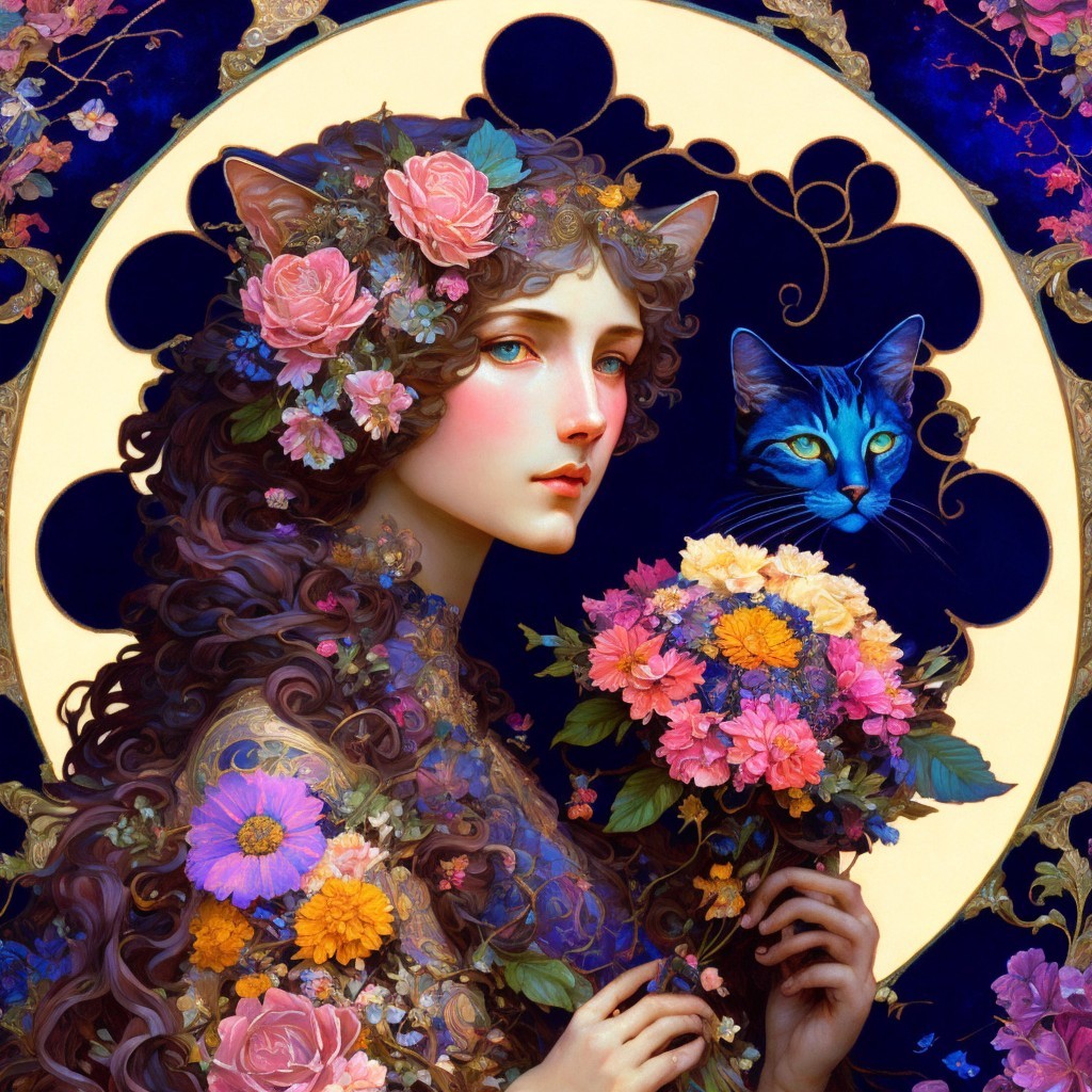 Woman with Floral Adornments and Cat Ears in Blue Theme