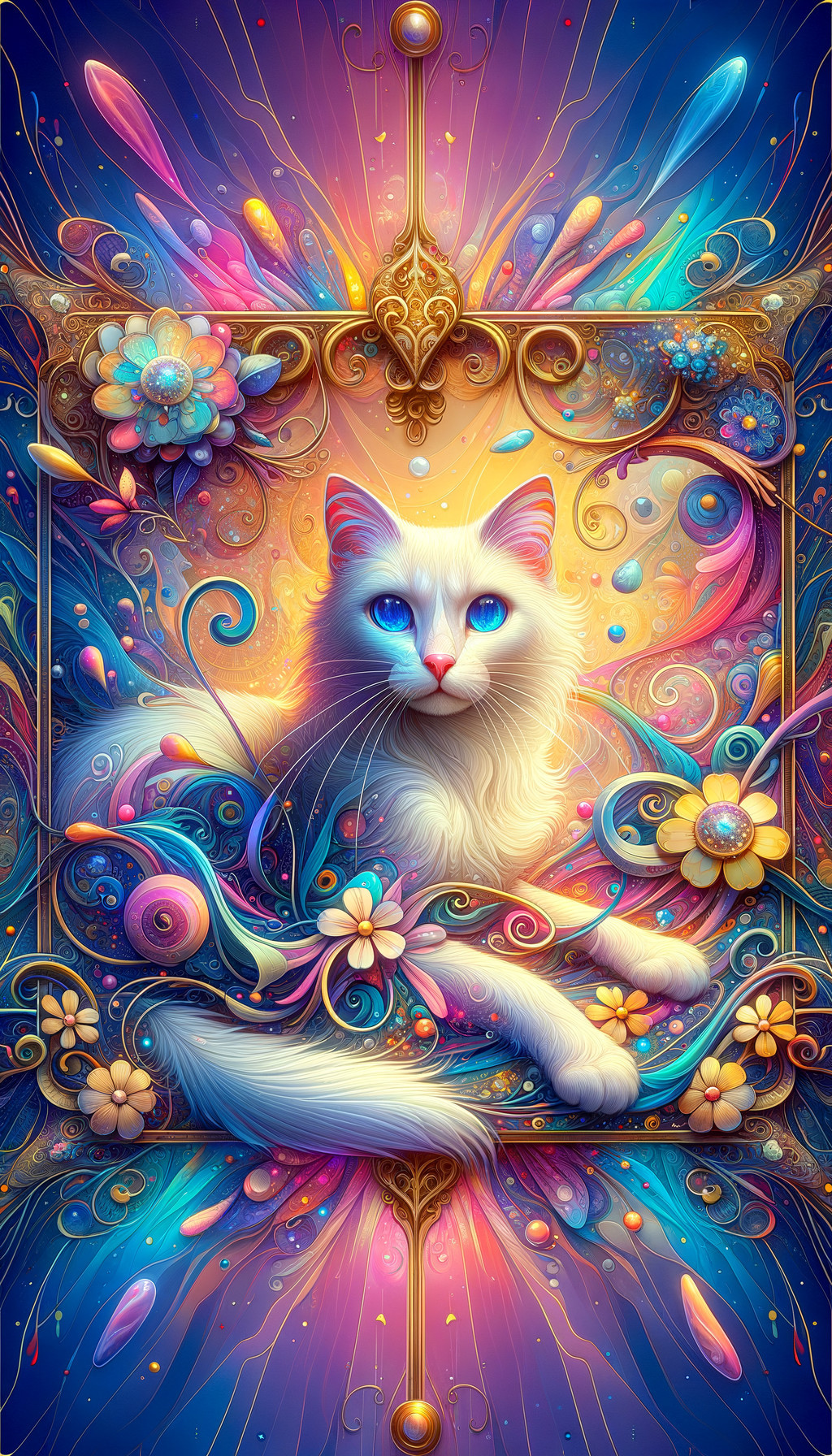 Whimsical Artwork of a White Cat in Cosmic Colors
