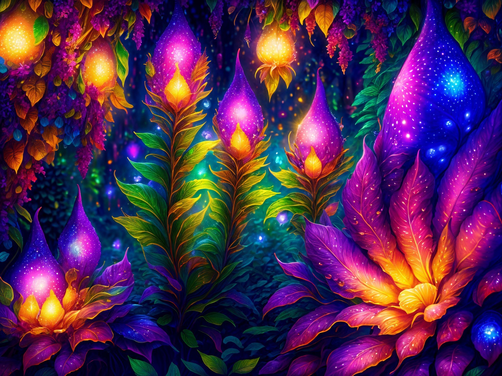 Enchanted forest with vibrant, luminescent flora