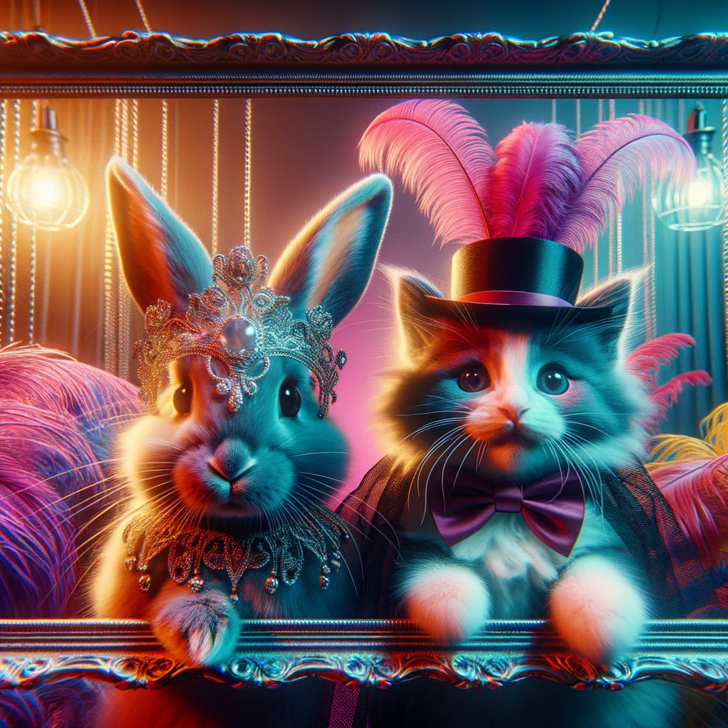 Whimsical Rabbit and Cat in Playful Theatrical Scene