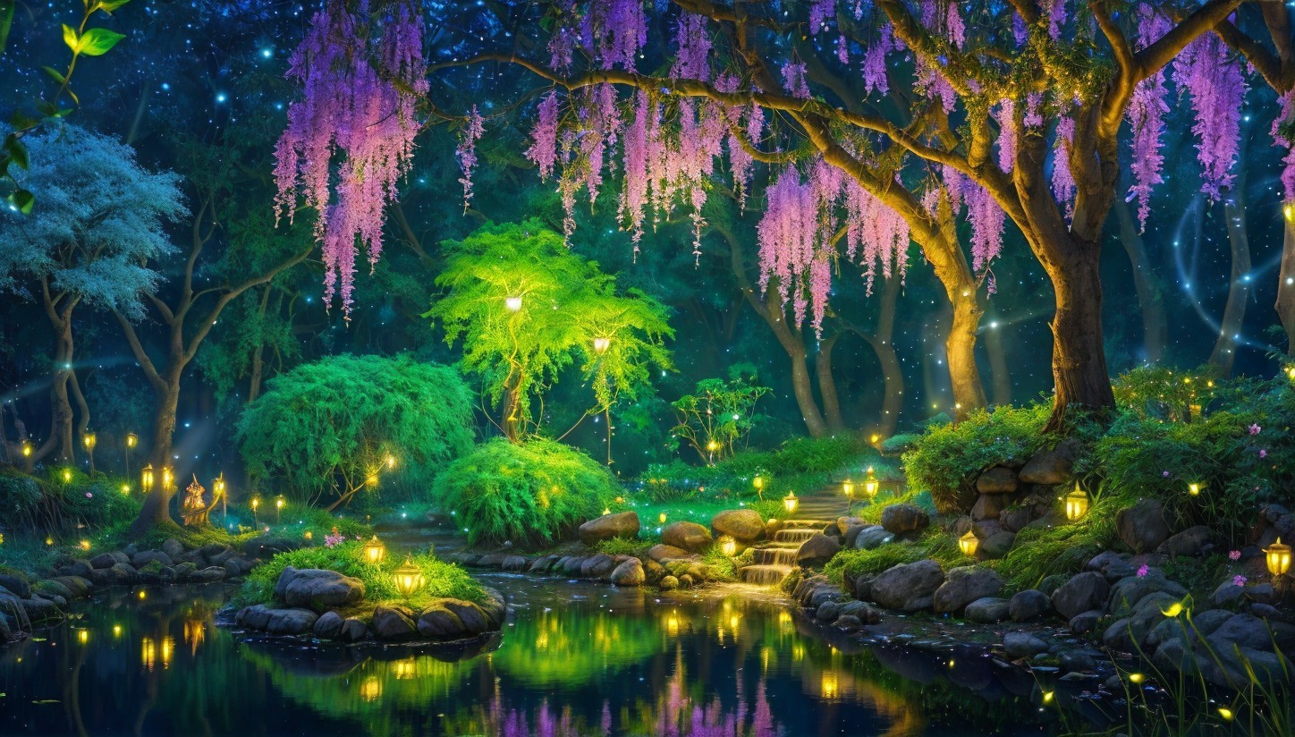 Twilight Magical Garden with Lanterns and Fireflies