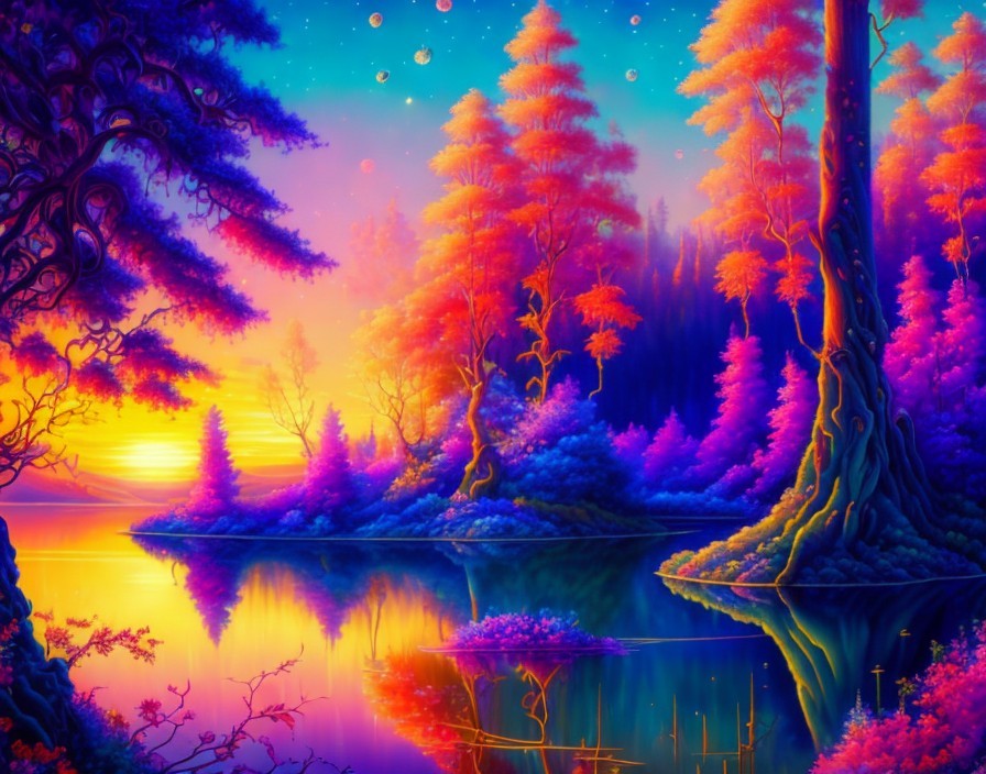 Surreal Landscape with Colorful Trees and Lake Reflection