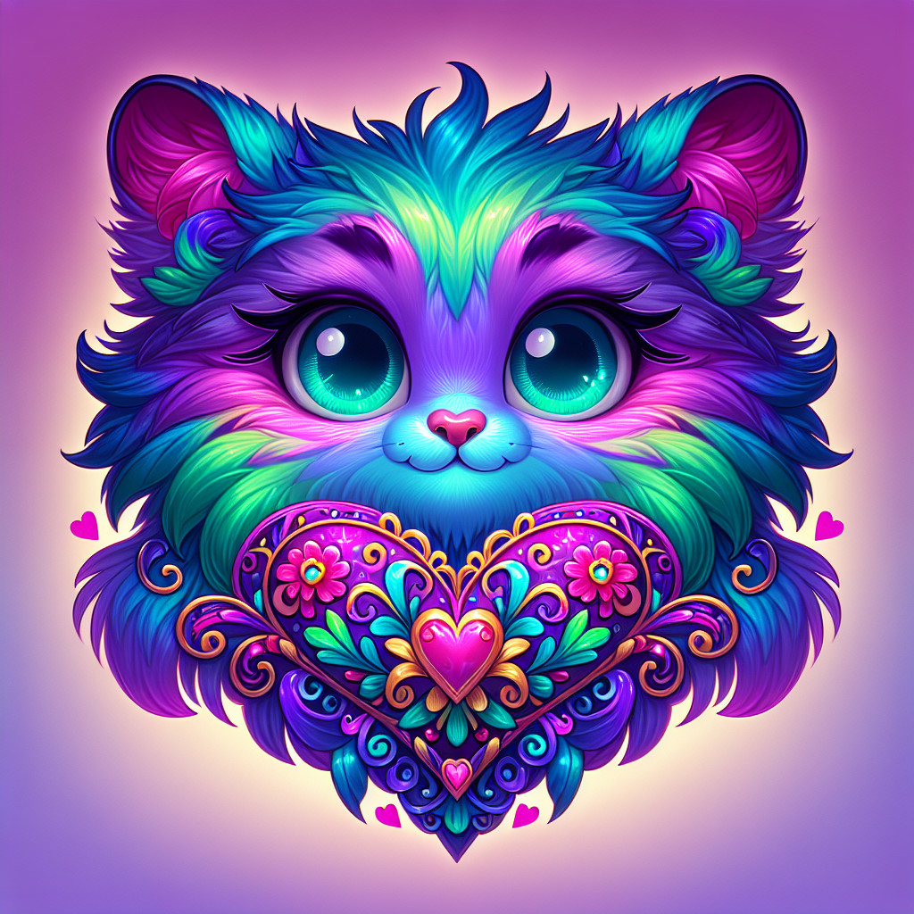 Vibrant Cartoon Illustration of a Fluffy Cat with Heart