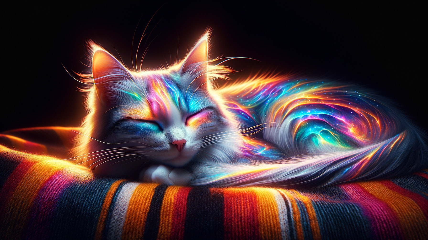 Feline Curled on Vibrant Striped Blanket with Cosmic Glow
