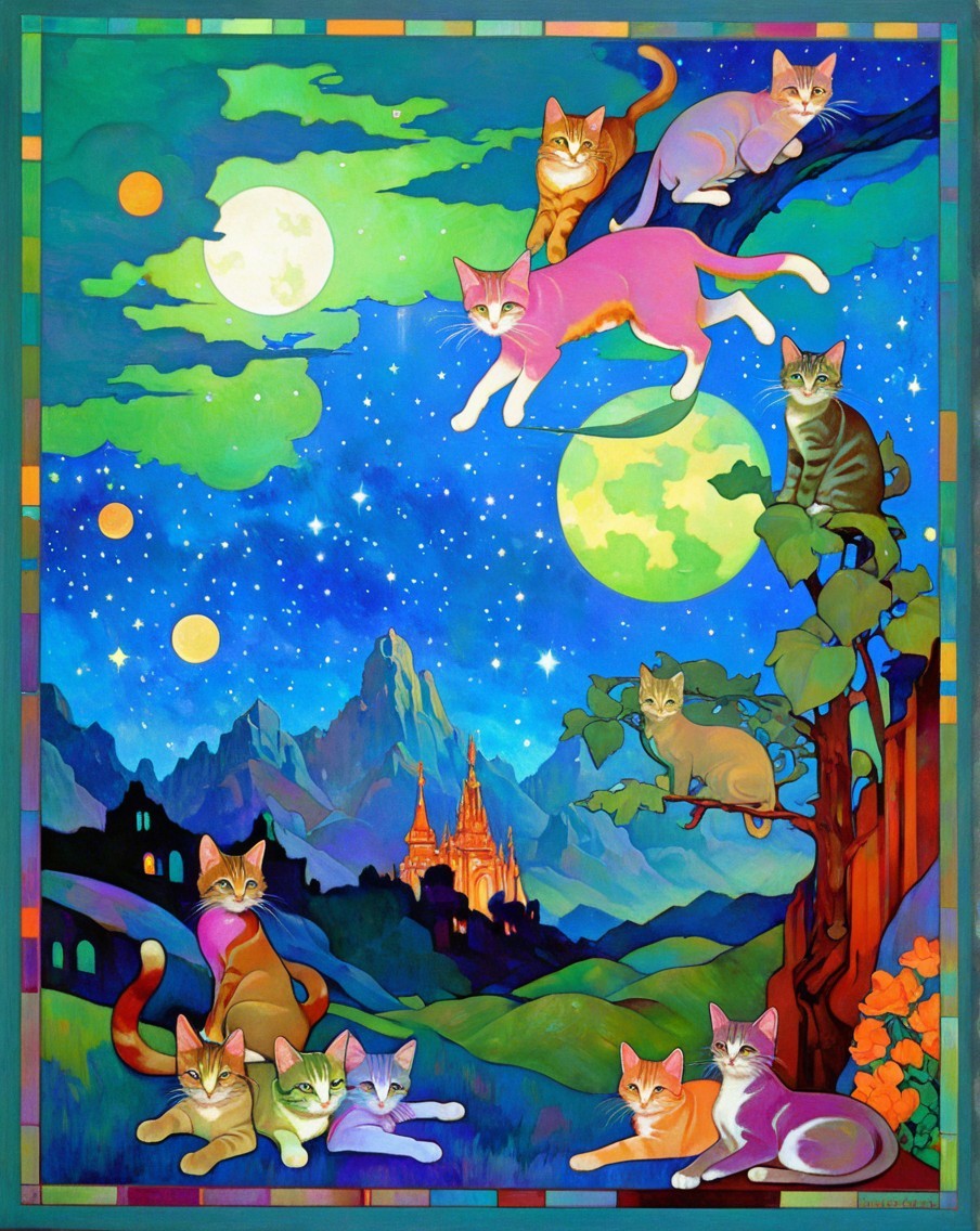 Colorful Cats in a Surreal Nightscape Scene