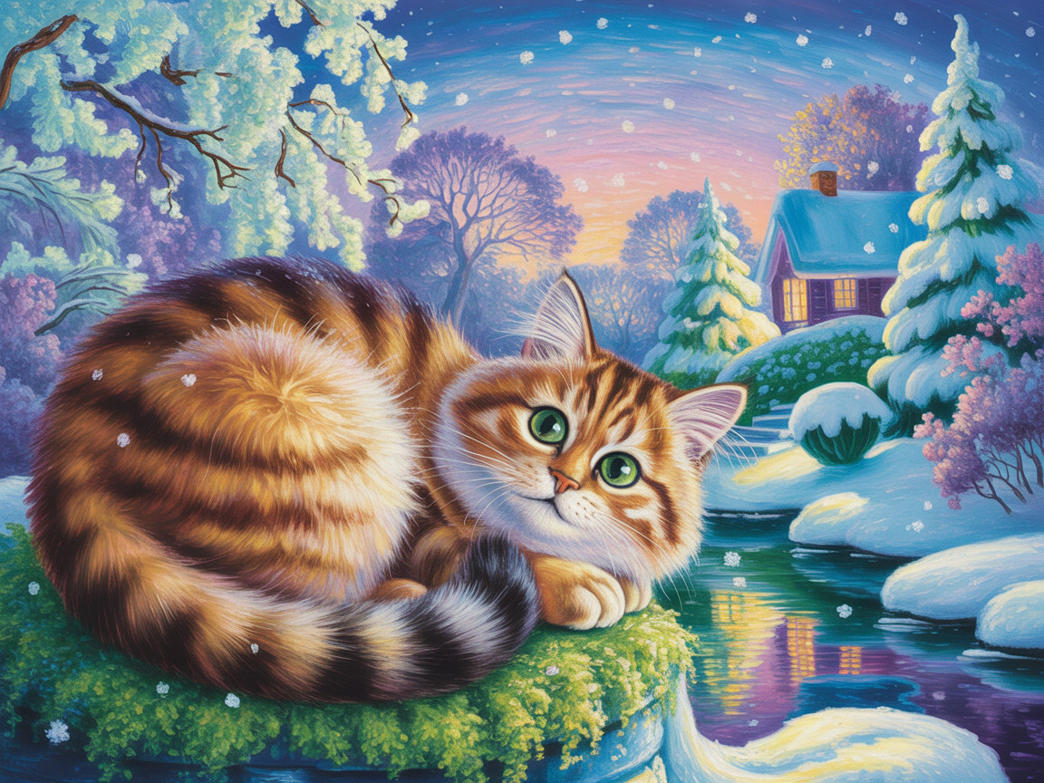 Fluffy Striped Cat in a Snowy Winter Landscape