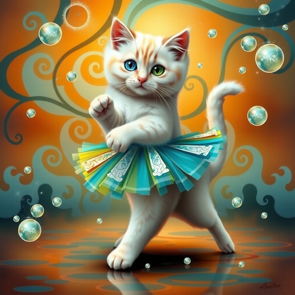 Whimsical Kitten Illustration with Colorful Skirt