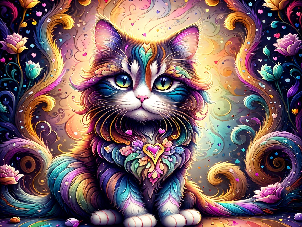Majestic Cat with Colorful Fur and Floral Background