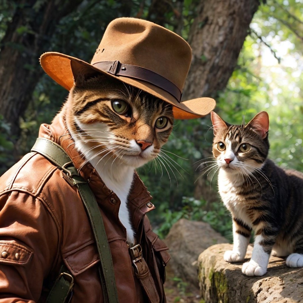 Fashionable cats in a lush forest setting