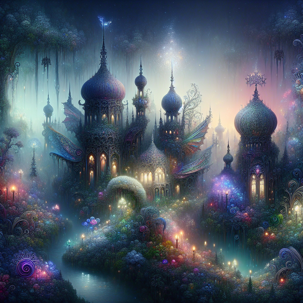 Ethereal Castles in a Dreamlike Landscape with Nature
