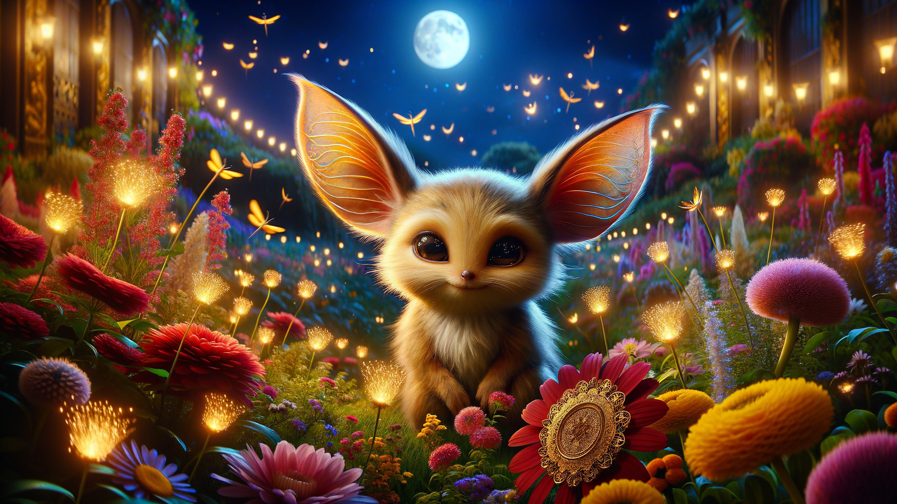 Moonlit Garden with Whimsical Large-Eared Creature