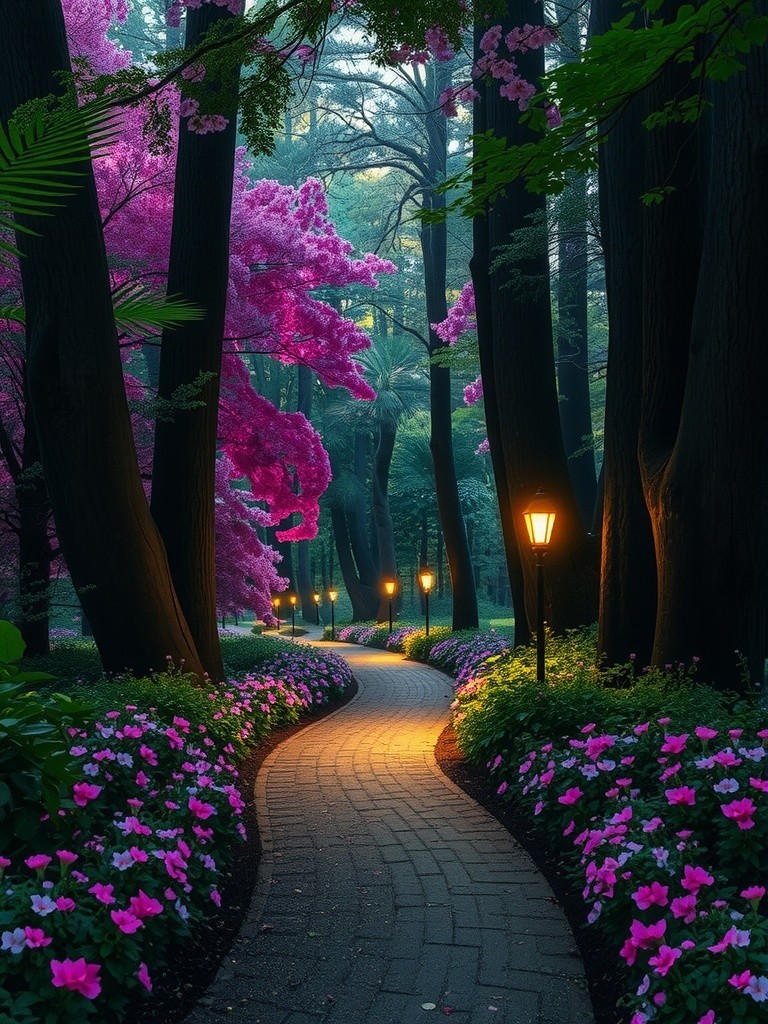 Winding Path Through Lush Forest with Blossoms and Lights