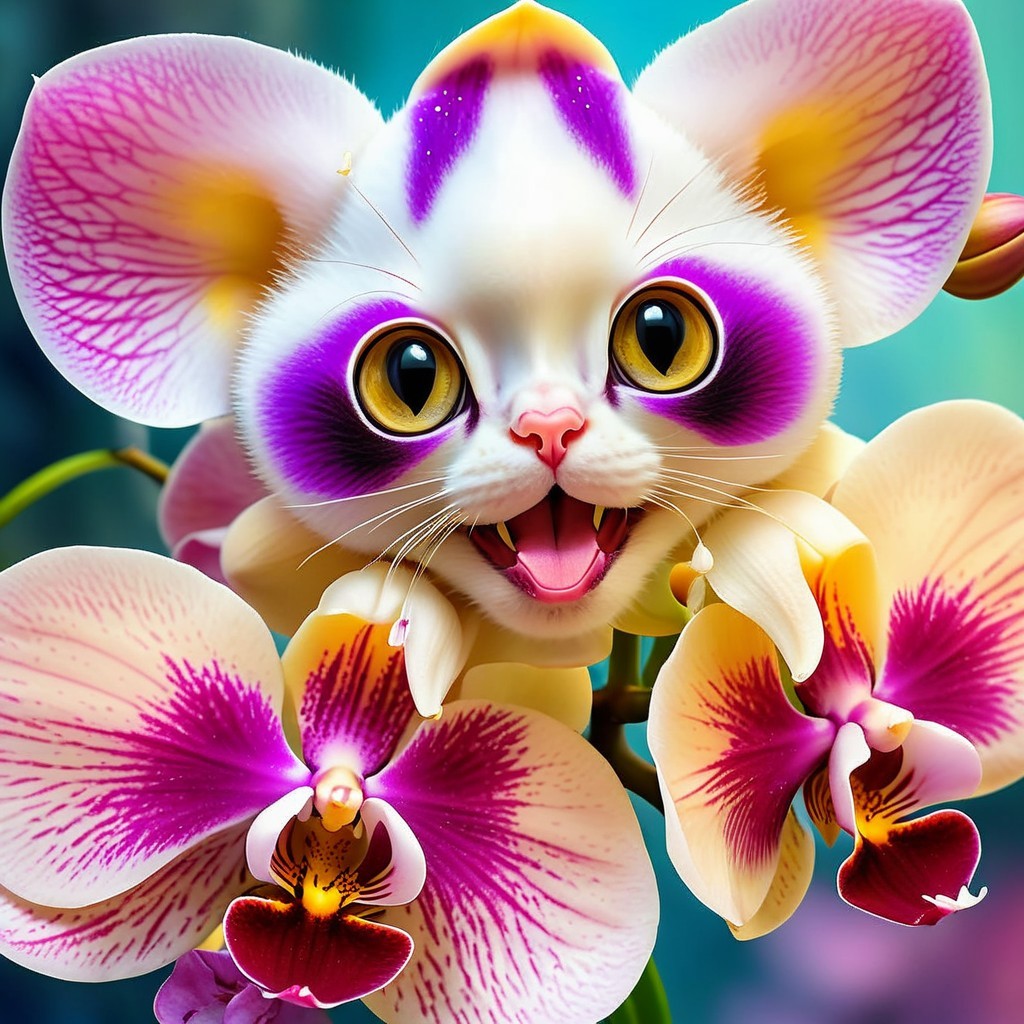Cartoon Cat Surrounded by Vibrant Orchid Flowers